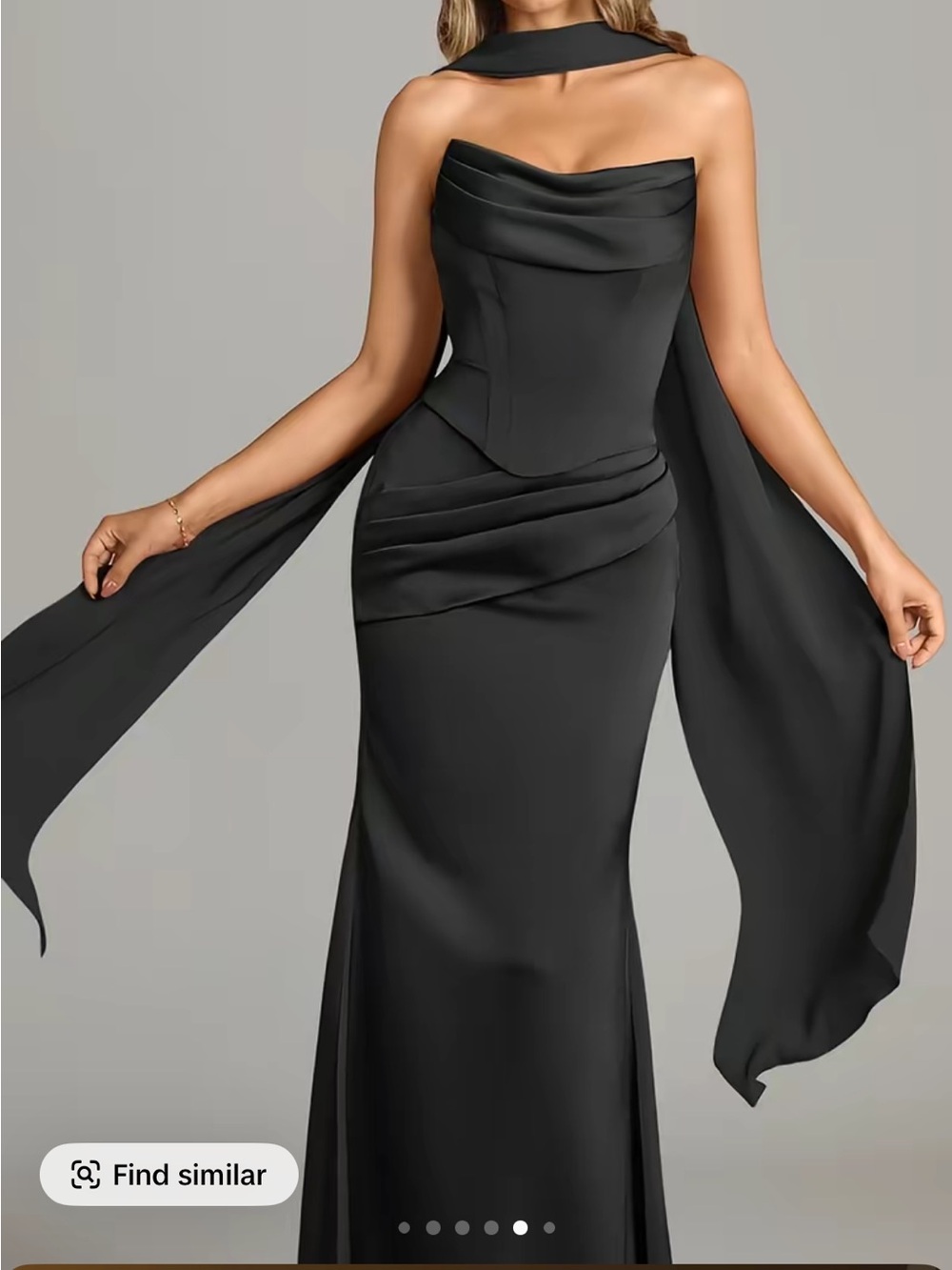 Elegant Black Strapless Evening Gown with Draped Scarf